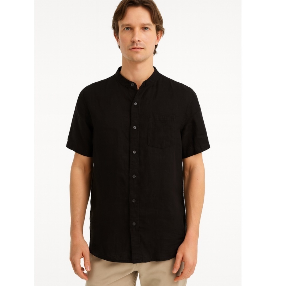 Vince Linen Short-Sleeve Mandarin Collared Button Up Shirt Black Size Medium